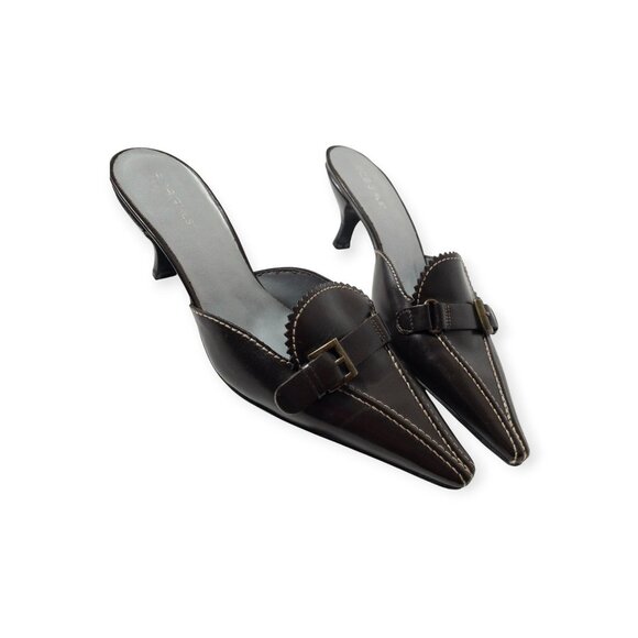 BCBGirls Brown Pointed Toe Kitten Heel Loafer Mules With Buckle Detail SZ 7.5 - Picture 11 of 14